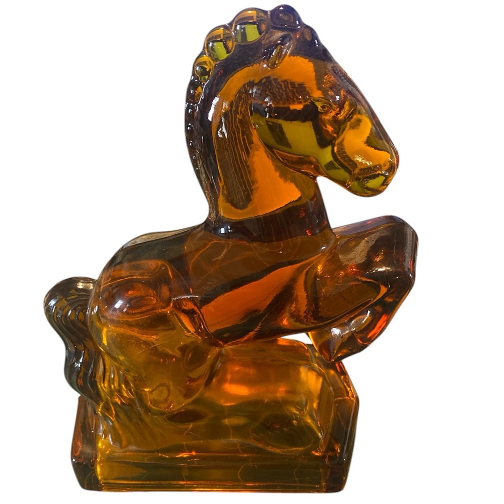 L E Smith Amber Glass Rearing Horse Bookend